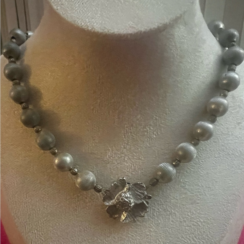 Antique Silver Pearl Bead Necklace with Floral Clasp